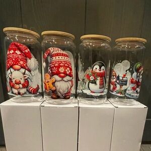 Christmas glass cup with bamboo lids